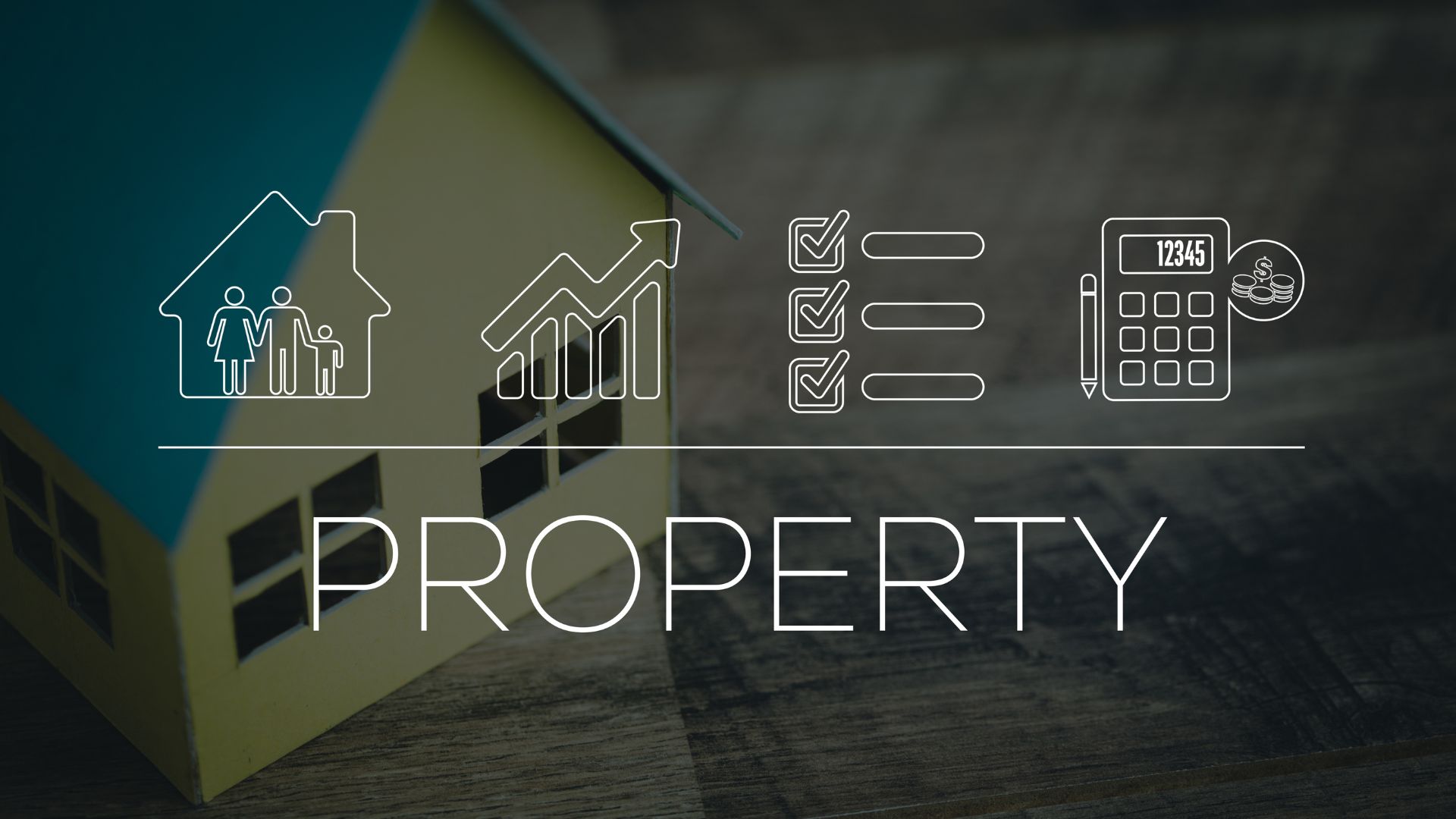 Property investment icons showing family, growth, checklist, and financial calculation