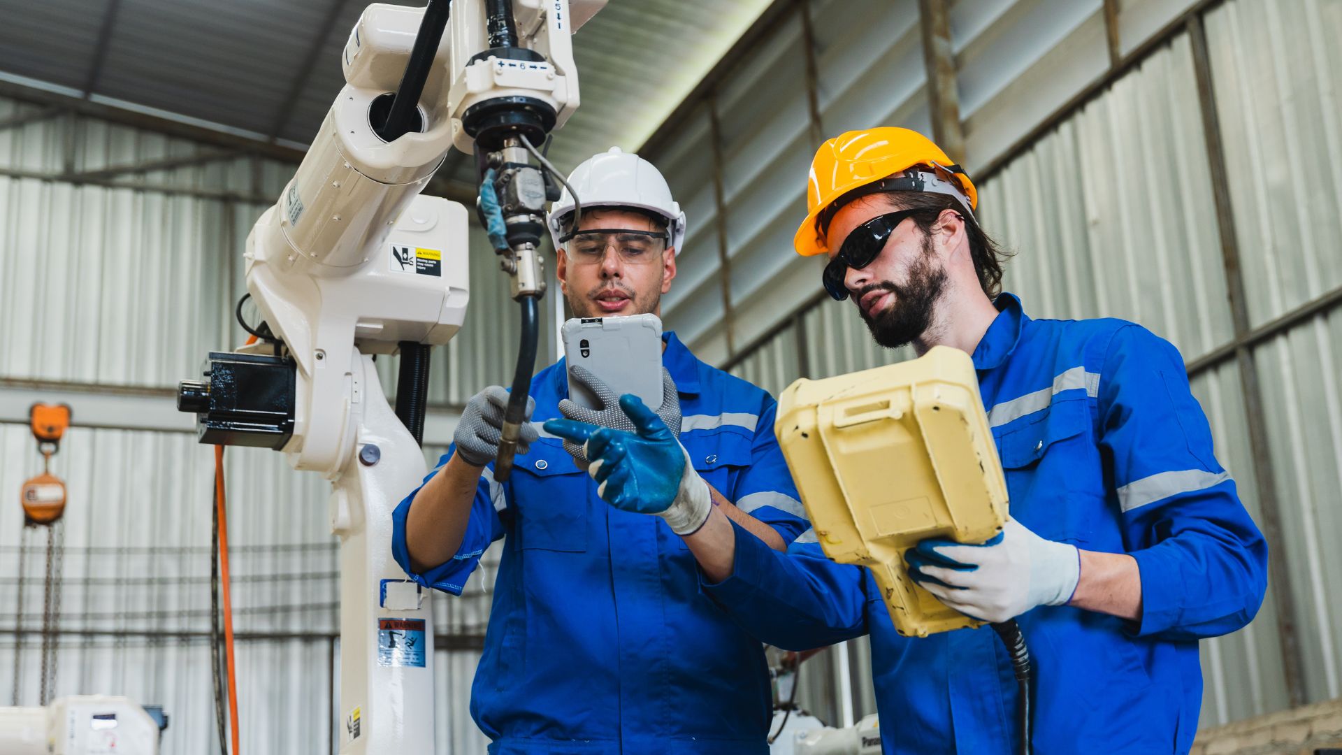 Industrial workers checking robotic arm with tablet and control device